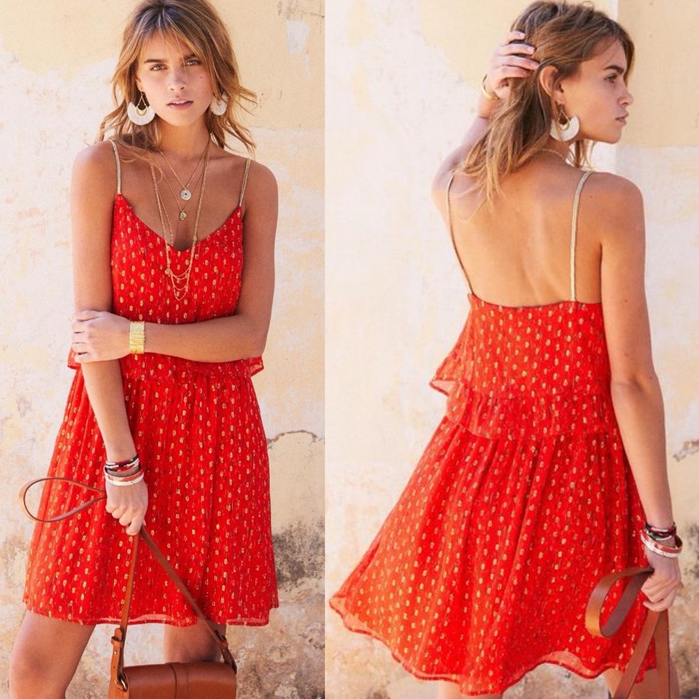 Sezane Silk Ashley Dress Red Size 34 French US 2 Layered Lined Party Boho Tomato